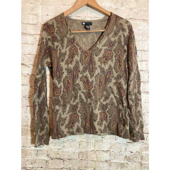 Carole Little Sweater Womens Large Brown Paisley Lambswool & Angora Lightweight - Picture 1 of 11